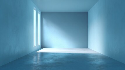 Poster - Bright, empty room with blue walls and natural light streaming through the windows, perfect for minimalistic design.