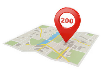Poster - A red location pin with the number 200 is placed on a detailed city map illustration