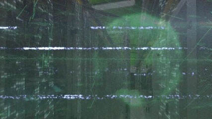 Poster - White glitch bars sliding, initiating green orb forming over pulsing 3D grid in feed simulation