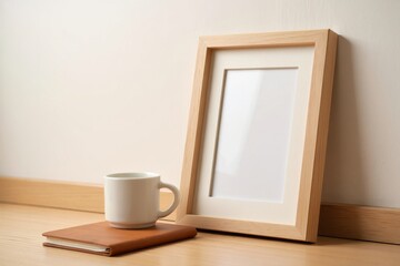 Blank wooden picture frame with coffee mug and book on wooden floor