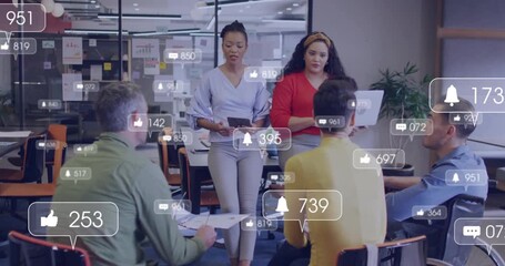 Poster - Team starting business office meeting, generating animated icons tracking social media engagement