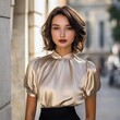 © HD Stockhunt - Elegant Woman in Gold Satin Blouse with Short Hair on City Street