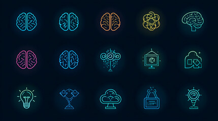 Poster - Various neon icons of brains and abstract concepts on a dark background