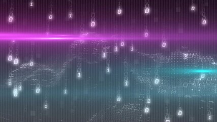 Aufkleber - neon magenta beam stretching across grid causing binary rain forming binary hills depicting data