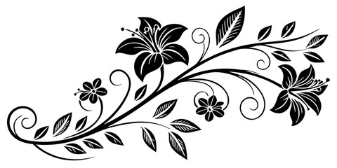 Poster - Stylized floral design featuring bold black lily blossom and decorative branch elements on a transparent background for versatile use