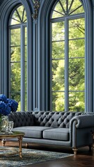 Poster - Sophisticated living space featuring a plush couch, ornate details, and beautiful natural light filling the room