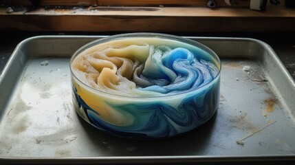Wall Mural - Swirling Colorful Mixture in Round Container on Table Surface