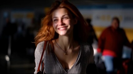 Poster - Young woman with red hair smiling while standing indoors with bag over shoulder, blurred people in background