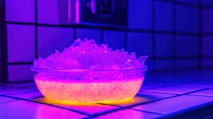 Wall Mural - Vibrant Crystals in Bowl Under Ultraviolet Light on Kitchen Counter
