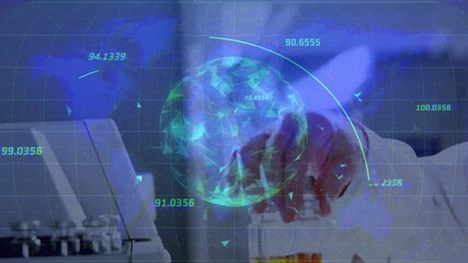 Poster - Holographic globe appearing and data updating while gloved hand picking test tubes for analysis
