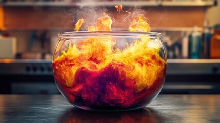 Wall Mural - vibrant flames erupting from a glass bowl in a kitchen setting