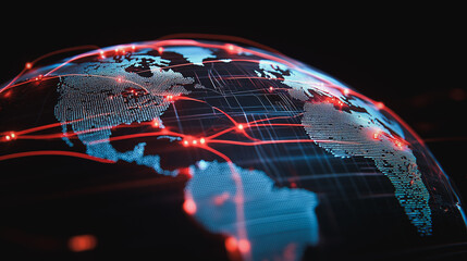 Poster - Global Network Connectivity: A mesmerizing, low-angle perspective of the world, showcasing interconnected pathways of light that traverse the globe.