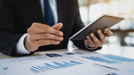 Poster - Business Data Analysis: A professional individual delves into data, his fingers deftly navigating the tablet's interface, surrounded by a tableau of financial charts and graphs.