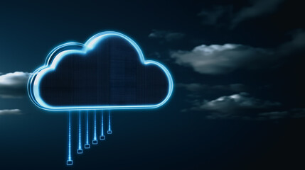 Poster - Cloud Computing: A radiant, digital cloud symbol, illuminated with ethereal light, hovers above a dusky, atmospheric backdrop of clouds.
