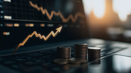 Poster - Economic Growth Visualized: A dynamic image showcasing the convergence of financial growth and technological advancement, with stacks of coins positioned near a laptop displaying a rising stock chart.