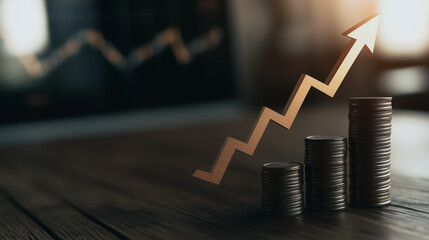 Poster - Ascending Financial Outlook: A conceptual image depicts the trajectory of financial growth with a stack of coins symbolizing investment alongside a rising arrow representing upward economic trends. 