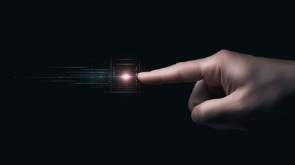 Poster - Technological interaction: A human finger delicately touches a futuristic interface, represented by a glowing button, against a background of darkness, symbolizing innovation and access.