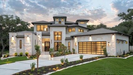 Poster - Explore a beautifully designed modern home showcasing unique architecture and elegant landscaping, illuminated during the evening light