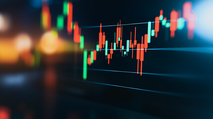 Poster - Dynamic Stock Market Graph: A vibrant, bokeh-enhanced depiction of a fluctuating stock market graph, showcasing the volatile rise and fall of financial data.