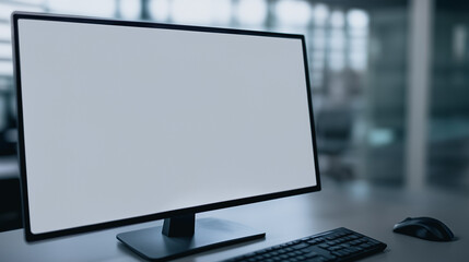 Poster - Blank Computer Screen in Office: A minimalist setup showcases a blank computer screen in a contemporary office setting, providing space for content.