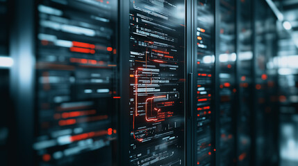 Poster - Digital Fortress: An array of server racks pulses with data, offering a glimpse into the intricate world of information technology. The glow of the servers creates a visual spectacle.