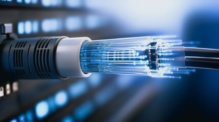 Poster - Digital Data Stream: A close-up shot of a modern data cable, showcasing its intricate internal structure, transmitting information through fiber optics.