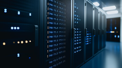 Fototapete - Server Room: rows of modern computer servers illuminated by subtle, futuristic lights. The metallic structures, aligned in an expansive, orderly server room.