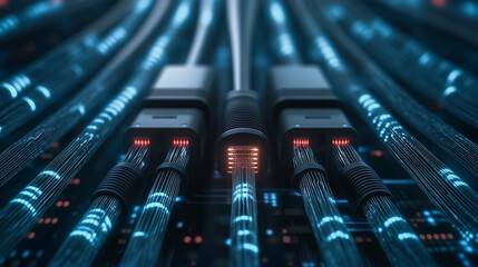 Poster - Digital Network Infrastructure: A complex web of interconnected cables and connectors, illuminated with a futuristic blue glow, representing the backbone of digital communication. 