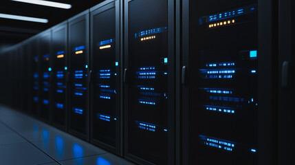 Poster - Server Room Elegance: Modern server room showcasing a meticulous network infrastructure with rows of powerful servers, radiating data and security in a futuristic setting.