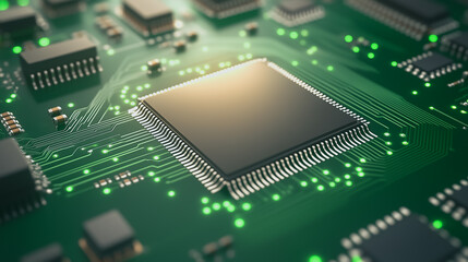 Poster - Intricate Circuit Board: A macro shot of a high-tech circuit board showcases a central processing unit, highlighting the complex and interconnected nature of modern technology.