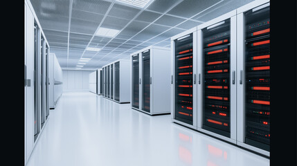 Poster - Server Room Corridor: A meticulously designed server room, featuring rows of powerful servers in a clean and contemporary environment.