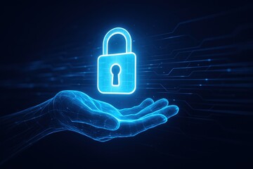 Poster - Cyber Security in Hand: A glowing, futuristic representation of a secure lock, held delicately in a digitally rendered hand.