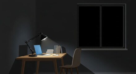 Poster - Minimalist Workspace at Night with Desk, Lamp, and Laptop