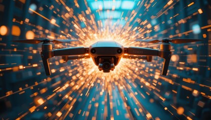 Poster - Futuristic Drone in Motion with Sparks and Colorful Background