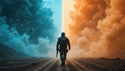 Poster - Astronaut Walking Through Vibrant Cosmic Clouds of Blue and Orange