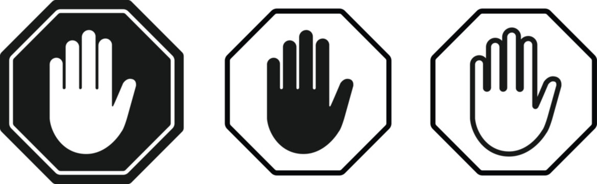 Stop Hand Octagon Icons – Set of Flat Safety Signs with Black and White Hands in Traffic Symbol Style