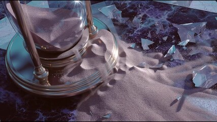 Poster - Captivating hourglass spills shimmering sand amidst shattered glass and swirling cosmic backdrop