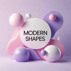 Poster - Pastel colored geometric forms with spheres and fluid shapes in a studio setting, soft light and shadows
