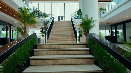 Poster - Stairs ascend gracefully under bright lights, framed by vibrant plants in a spacious, contemporary space inviting exploration