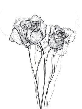 Two roses are illustrated in a linear art style. The clean black lines create elegant floral sketches set against a stark white backdrop. Detailed botanical rendering