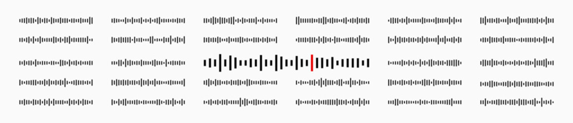 Poster - Minimalist sound wave pattern with black and red waveform bars on a light background. Abstract concept of audio signals, music tracks, recording, or voice recognition