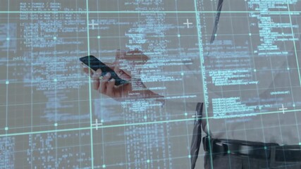 Poster - Businessman bringing smartphone into view tapping to unlock, navigating code overlay accessing data