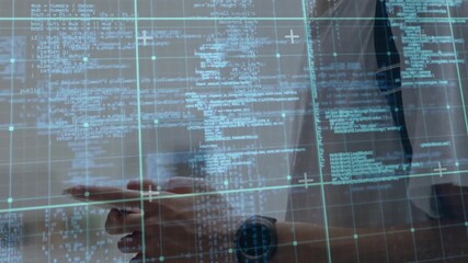 Aufkleber - Developer tapping wristwatch activating floating code panels on hologram grid, scanning error logs