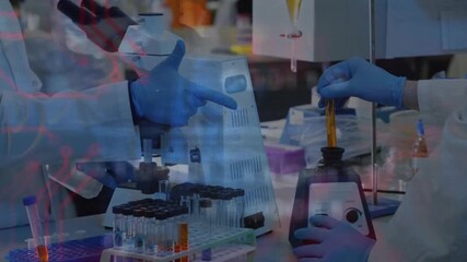 Aufkleber - Lab research team lifting amber tube and powering mixer while preparing samples under microscope