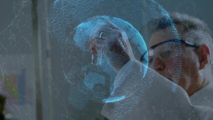 Poster - Senior scientist reaching test tube, comparing sample against rotating globe overlay for lab study