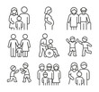© Vladyslav Tykhonov - Family and people icon set in outline style featuring various generations and relationships, including parents, grandparents, children, pregnancy, and care for the elderly or disabled