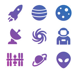 Wall Mural - Space icons collection with rocket, planet, moon, satellite dish, galaxy, astronaut, space station, Saturn, and alien face