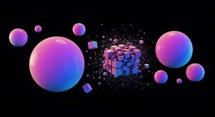 Poster - Abstract futuristic design with neon spheres and cubes, ideal for modern technology or innovation concepts.