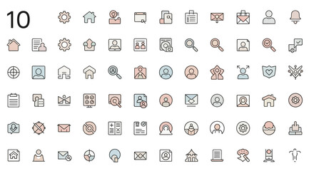 Fototapete - Collection of various minimalist line icons depicting concepts such as settings, home, users, search, documents, email, security, and communication.