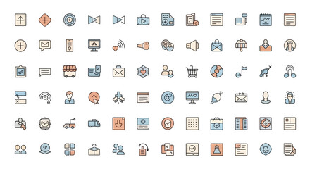 Fototapete - A collection of various outlined icons representing different digital and business concepts.